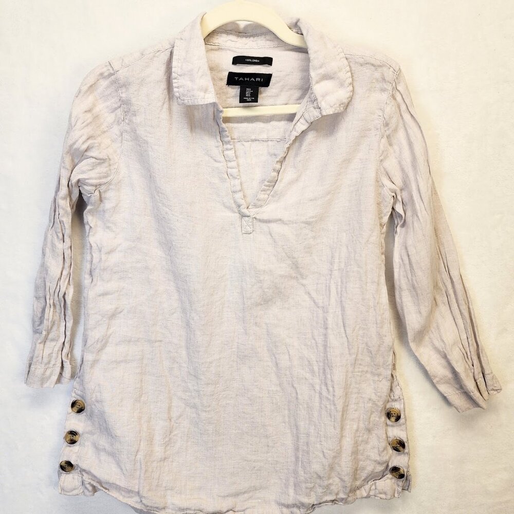 Tahari Women’s Tan Linen Tunic Top | Size S | Lightweight with Side Buttons